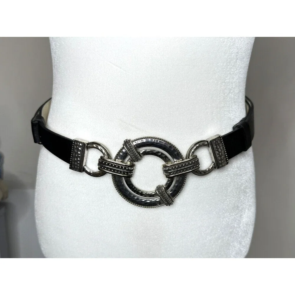 Chico's Black Leather Adjustable Belt Silver Hook Buckle Size M/L Retro Y2K